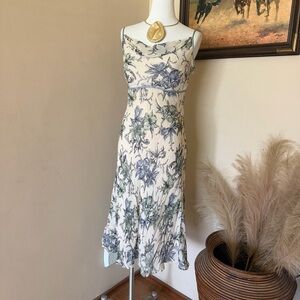 Cream Floral Silk MIDI Dress with Blue-Green Print